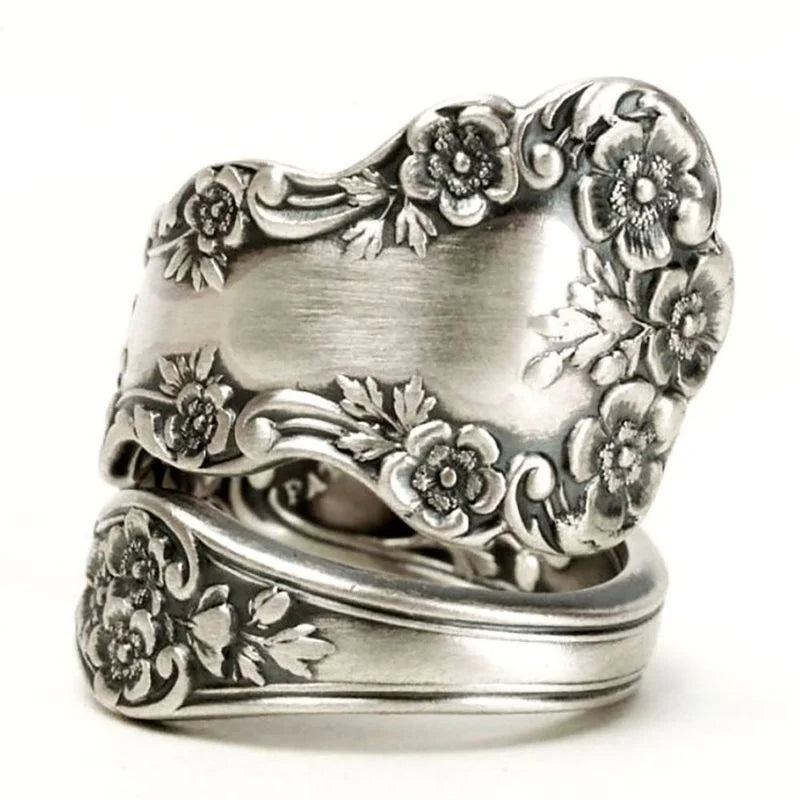 Vintage Silver Color Carving Lotus Flower Spoon Rings for Women Creativity Wedding Engagement Party Jewelry Gift