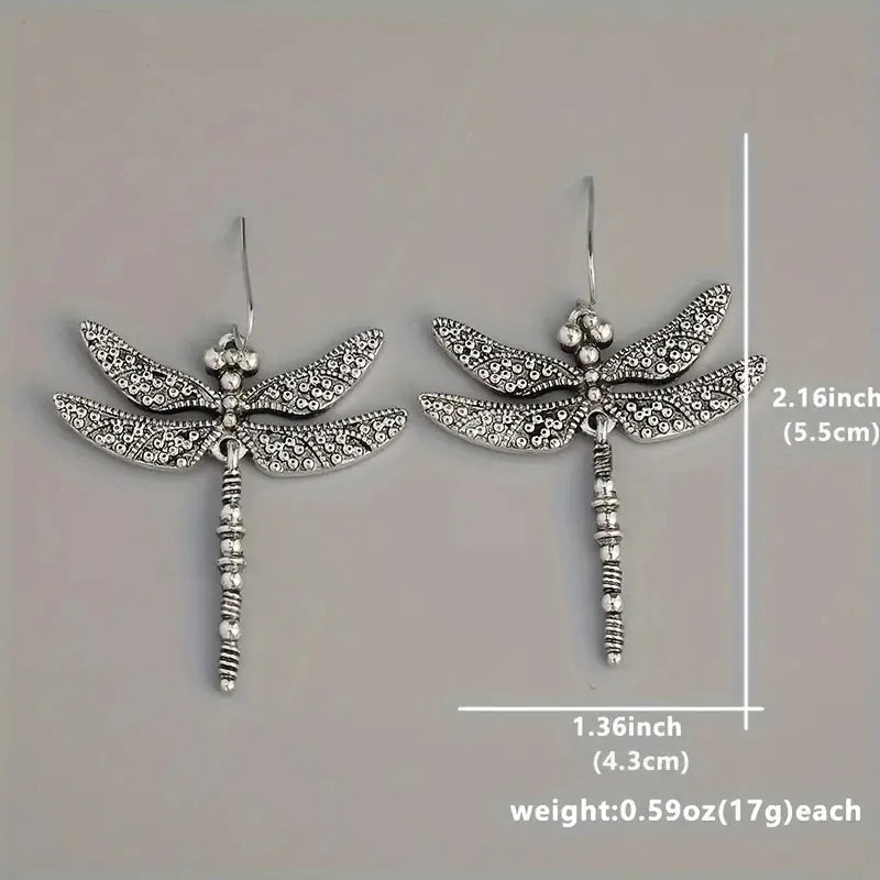 Vintage Dragonfly Design Carved Pattern Dangle Earrings Retro Bohemian Style Silver Color Jewelry Trendy Female Ear Ornaments