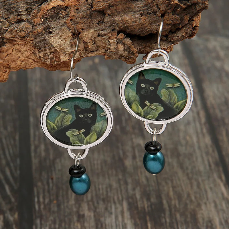 Vintage Round Black Cat Earrings for Women Ethnic Antique Silver Color Painting Green Leaves Blauwe Parel Dangle Earrings