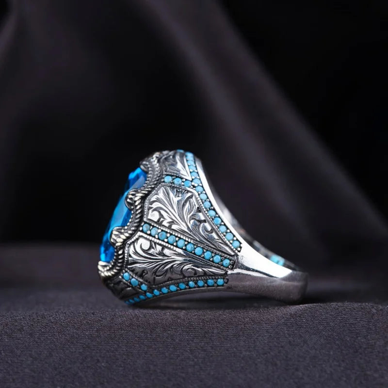Retro Handmade Turkish Rings for Men Vintage Metal Silver Color Inlaid Blue Zircon Punk Ring Muslim Jewelry