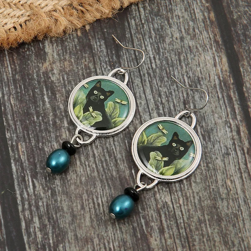 Vintage Round Black Cat Earrings for Women Ethnic Antique Silver Color Painting Green Leaves Blauwe Parel Dangle Earrings