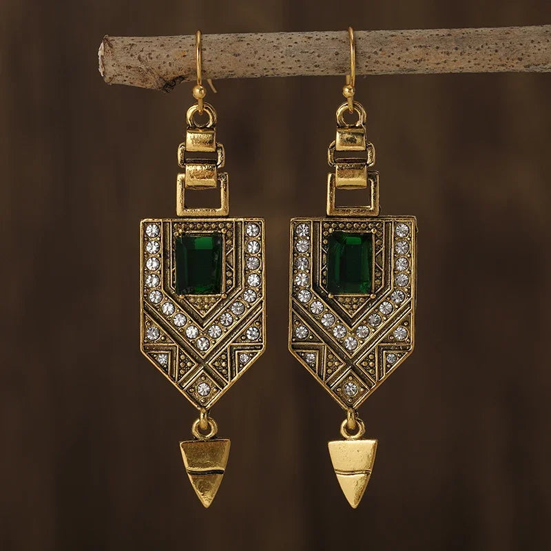 Ethnic Square Green Stone Earrings Vintage Originality Gold Color Metal Carving Pattern Hanging Accessory Dangle Earrings