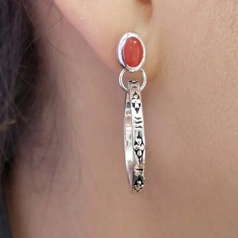 Vintage Square Coral Stone Drop Earrings Ethnic Jewelry Silver Color Metal Carving Pattern Round Dangle Earrings for Women