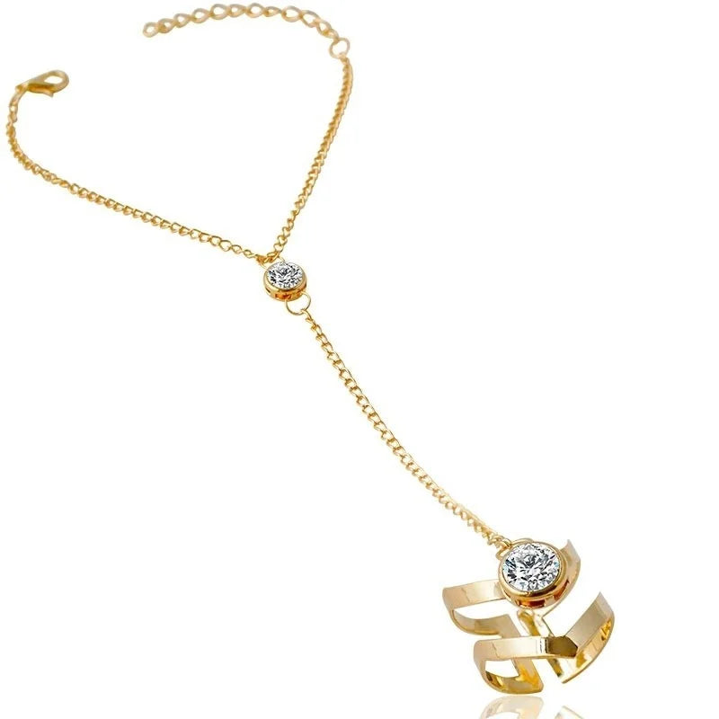 Vintage Gold Color Big Zircon Bracelet Ring Wrist Chain Jewelry Fashion Hand Back Bangles Female Women Arrow Bracelet