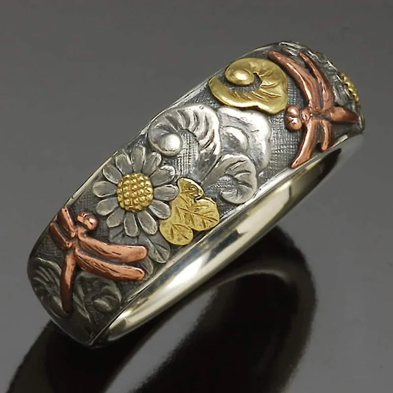 Vintage Silver and Rose Gold Color Carved Dragonfly Sunflower Ring Unique Metal Flower Rings Women Engagement Party Ring Jewelry